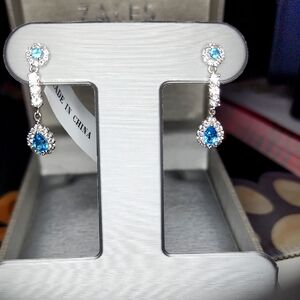 NIB Zales Blue & White Topaz  Drop Earrings
